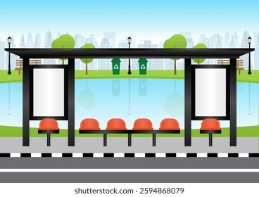 Blank Billboard at Bus Stop or Bus Station. Vector Illustration. 