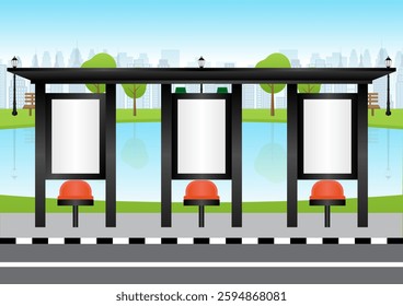 Blank Billboard at Bus Stop or Bus Station. Vector Illustration. 