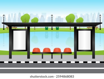Blank Billboard at Bus Stop or Bus Station. Vector Illustration. 