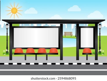 Blank Billboard at Bus Stop or Bus Station. Vector Illustration. 