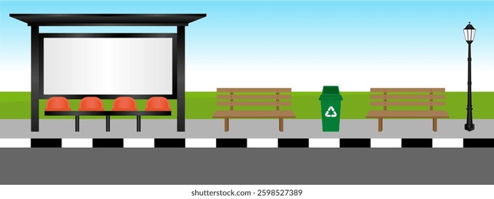 Blank Billboard at Bus Stop or Bus Station. Vector Illustration. 