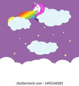 Blank Billboard. Clouds and unicorn. Purple background and stars. Here you can place your text.