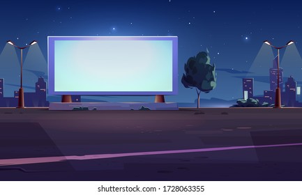 Blank billboard display on roadside with glowing street lamps on night cityscape background. Empty white LCD screen for advertising video presentation, outdoor cinema. Cartoon vector illustration