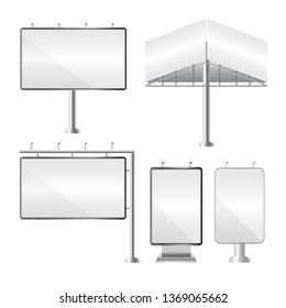 Blank billboard. Mockup and template  for your advertisement and design. Realistic set of different perspectives advertising construction. Outdoor big board. Vector illustration.