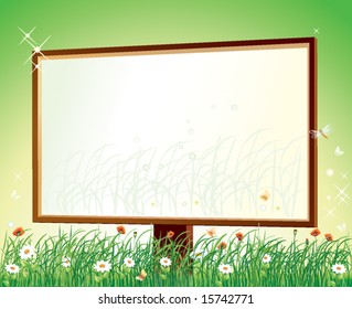 Blank billboard on grass over green background