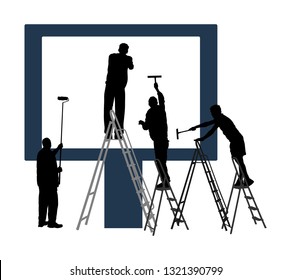 Blank billboard ready to use for advertisement. Marketing street media. Billboard workers painter with paint brush roller climbed on ladders vector silhouette. Commercial sign prepares to installing