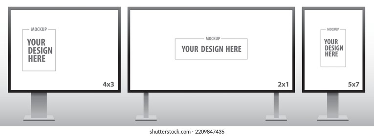 Blank Billboard Realistic Vector Mockup Set for Outdoor Advertising Poster Designs. Horizontal and vertical sign boards with 3 general standard sizes. - Shutterstock ID 2209847435