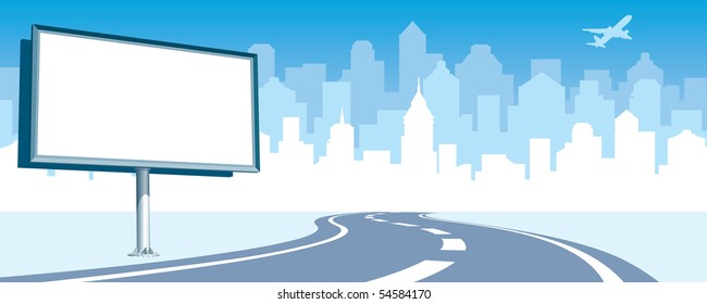 Blank billboard at the road, cityscape silhouette in the background.