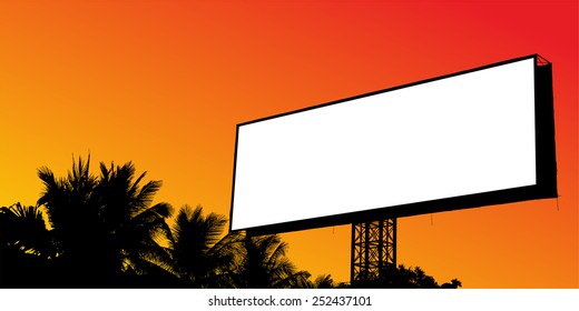 Blank billboard and trees silhouette at sunset for advertisement, vector