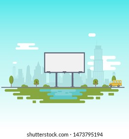 Blank billboard for your inscription. Billboard on the background of the city and a riding school bus. Vector Illustration svg