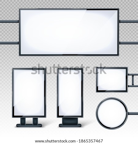 Blank billboards displays, empty white LCD screens or stands for advertising. Horizontal, vertical, round and rectangular blank banners isolated on transparent background, realistic 3d vector set