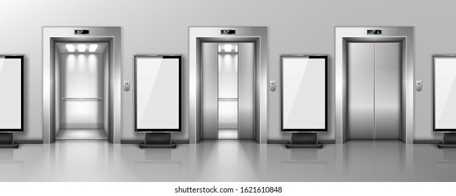 Blank Billboards And Elevator Doors In Office Hallway. Vector Realistic Empty Lobby Interior With Open And Closed Lift Doors And LCD Screen Floor Stands. Horizontal Seamless Background