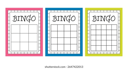 Cartas de jogo em branco de bingo sem números. Modelos de bilhetes de loteria vazios para jogos de azar e temas de casino. Conjunto vetorial de lençóis de apostas keno limpos para entretenimento, jogos de festa e sorteios.