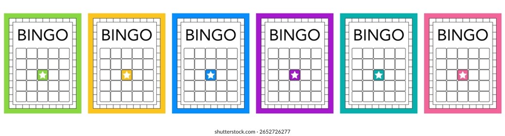 Modelos de bingo em branco sem dígitos impressos. Limpar keno e projetos de bilhetes de loto para uso do cassino. Folhas de jogo vazias para jogos de sorte, printables de festa vetorial e ilustrações promocionais.