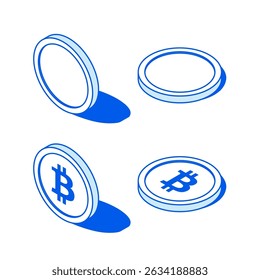 Moedas em branco e Bitcoin. Ilustração isométrica 3D. Estilo da linha. Vetor isolado para apresentação, infográfico, site, aplicativos e outros usos.