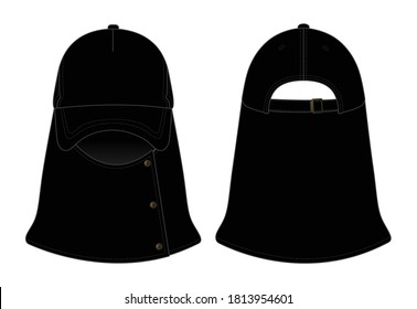 Blank Black 5 Panel Trucker Cap With UV Protection Face And Neck Cover Vector.