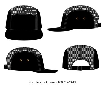 Blank black 5 panels baseball cap with mesh and adjustable buckle closure strap on white background, vector file.