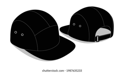 Blank black 5 panels cap with flat Brim cap and adjustable hook-loop fasteners template on white background, vector file