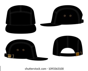 Blank Black 5-Panels Baseball Cap with Eyelets and Adjustable Brass Metal Slide Buckle Strap Template on White Background, Vector File