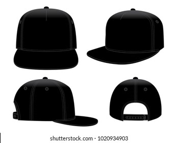 Blank Black 5-Panels Hip Hop Cap with Adjustable Snap Back Closure Strap Closure for Template on White Background, Vector File.