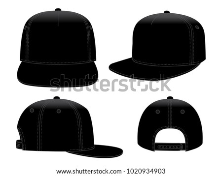 Blank Black 5-Panels Hip Hop Cap with Adjustable Snap Back Closure Strap Closure for Template on White Background, Vector File.