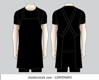 Blank Black Apron Template on Gray Background. Front and Back Views, Vector File.
