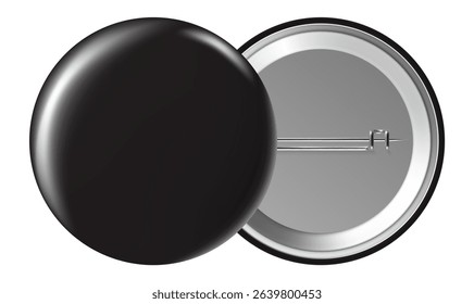 Blank black badge displaying both front and back sides with a pin, isolated against a white background, perfect for incorporating logos or text designs