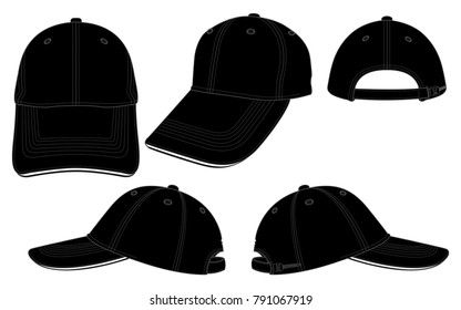 Blank black baseball cap with sandwich and adjustable plastic slide strap template.on whitebackground, vector file.