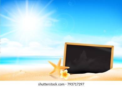 Blank black board on the Sand beach over blur sea and sky with sun light flare and copyspace abstract background vector illustration