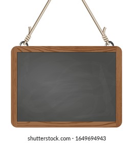 blank black board with wooden frame hanging on ropes