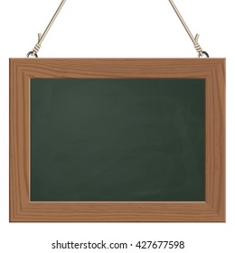 blank black board with wooden frame hanging on ropes