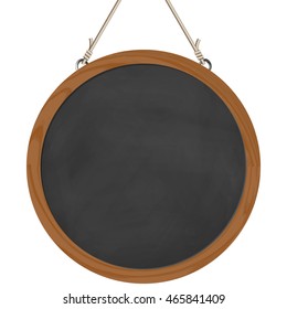 blank black board with wooden frame hanging on ropes