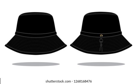 Blank Black Bucket Hat with Cord and Stopper Toggle Template Vector.Front And Back View.