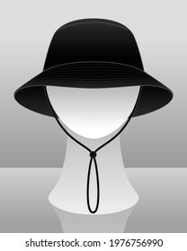 Blank Black Bucket Hat Template With Cord and Stopper On Mannequin Head Vector.