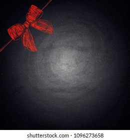 Blank black chalkboard background with drawing red bow. Vector illustration