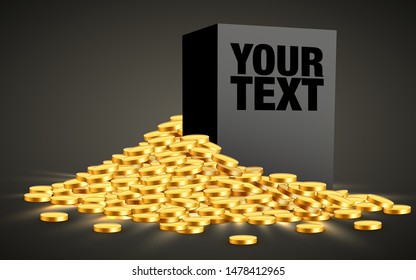 Blank black cube with golden coins isolated on dark background. Vector illustration