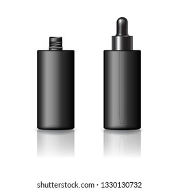 Blank black cylinder cosmetic bottle with black dropper lid mockup template. Isolated on white background with reflection shadow. Ready to use for package design. Vector illustration.