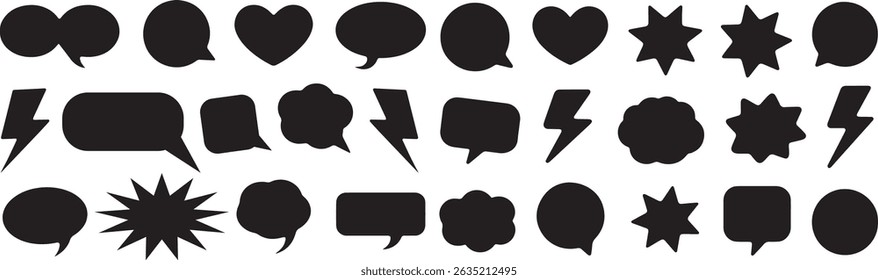 Blank black dialogue boxes, chat silhouettes, and cartoon-style speech balloons with themed icons heart, star, lightning, and cloud.