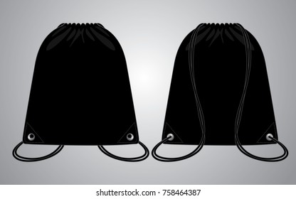 Blank Black Drawstring Bag Template, Front and Back Views.