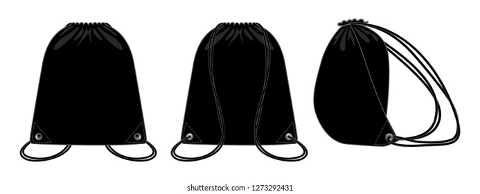 Blank Black Drawstring Shoulder Bag Template Vector On White Background.Front Back and Side View.
