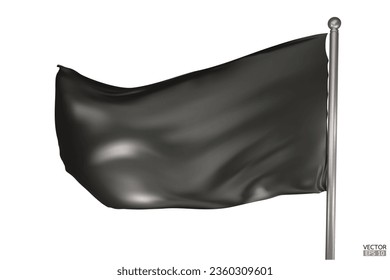 Blank black flag on white background. A black flag waving in the wind on the flagpole. Black flag template. 3d vector illustration.