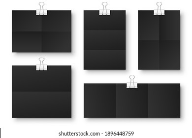 Blank black folded paper sheets with binder clips. Notebook or book page and metal holder. Design template or mockup. Vector illustration.