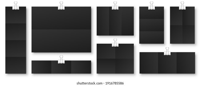 Hojas de papel plegadas en negro en blanco con clips de encuadernación. Portátil o página de libro y soporte de metal. Plantilla de diseño o simulación. Ilustración vectorial.