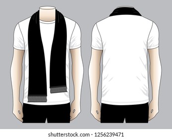 Blank black football scarf on white crew neck shirt template on gray background. Front and back views, vector file.