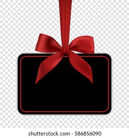 Blank black gift card template with red ribbon and a bow, vector illustration.