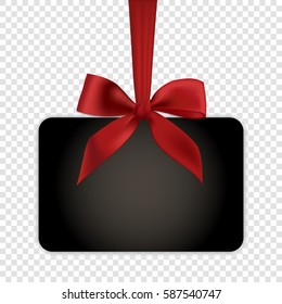 Blank black gift card template with red ribbon and a bow, vector illustration.