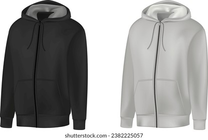Blank black, gray mens hoodie sweatshirt long sleeve. Male hoody with hood front view. Vector template sport winter clothes for design mockup, print, isolated on white background