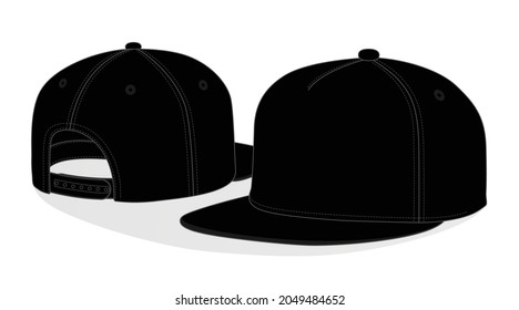 Blank Black Hip Hop Cap With Adjustable Snap Back Strap Template Vector On White Background.