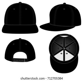Blank Black Hip-Hop Cap With Adjustable Snap Back Closure Strap Template on White Background.