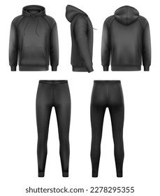 Blank black hoodies and  black leggings mockup, front and back and side view. Vector
